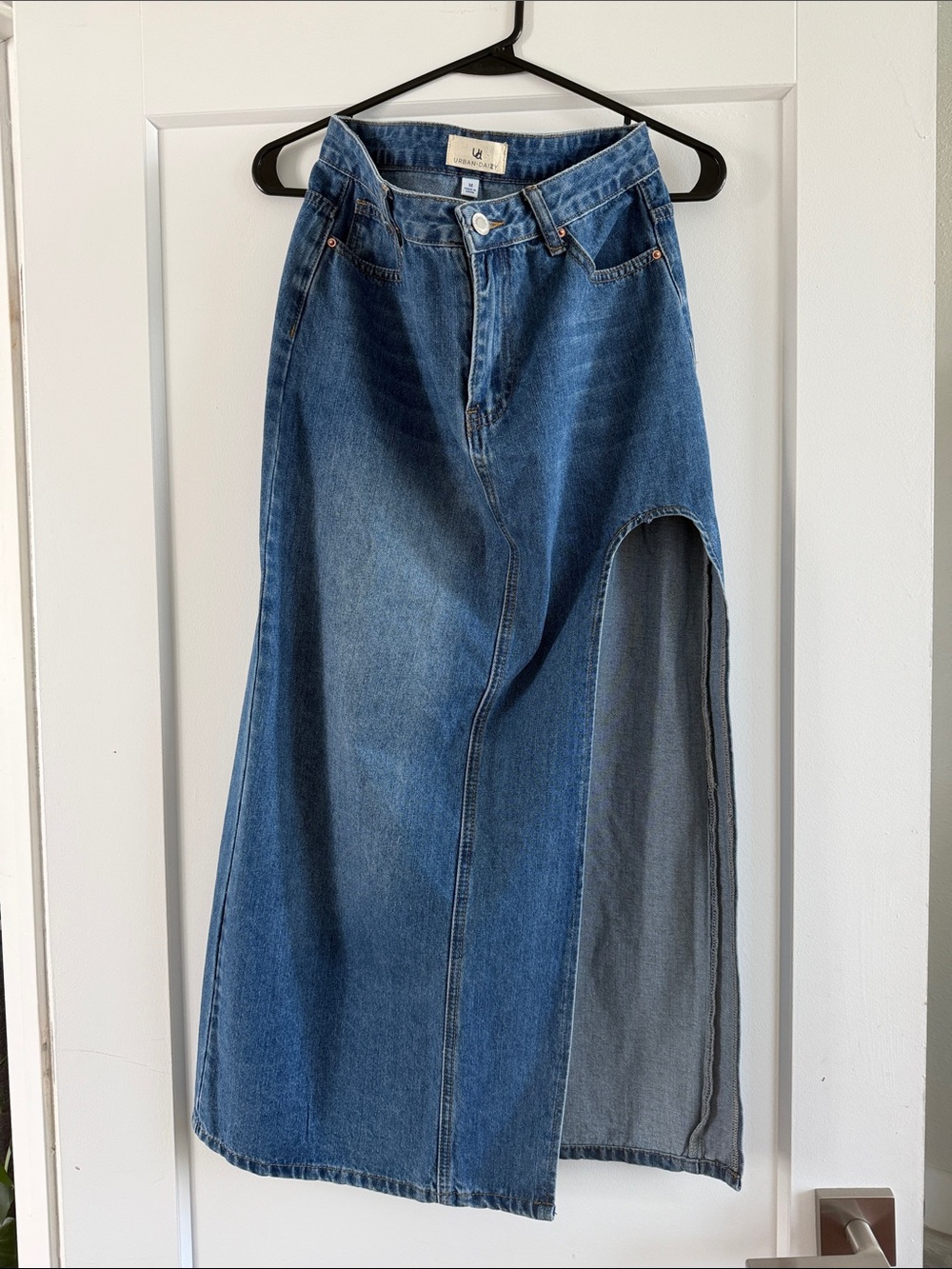 High-Slit Blue Denim Maxi Skirt